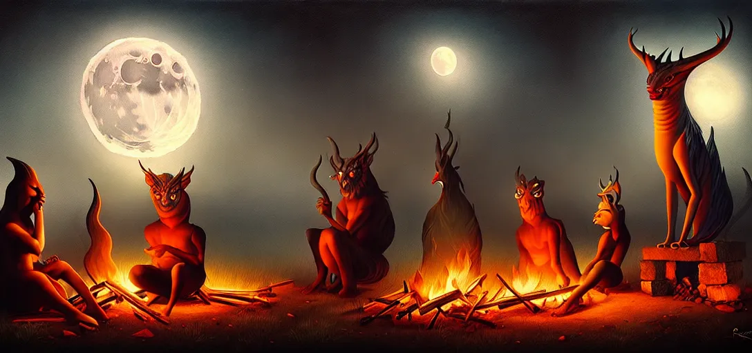 Image similar to strange mythical beasts of sitting around a fire under a full moon, surreal dark uncanny painting by ronny khalil