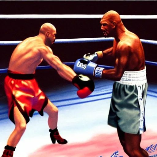 Prompt: Keanu Reaves knocking out Mike Tyson in boxing match, photorealism