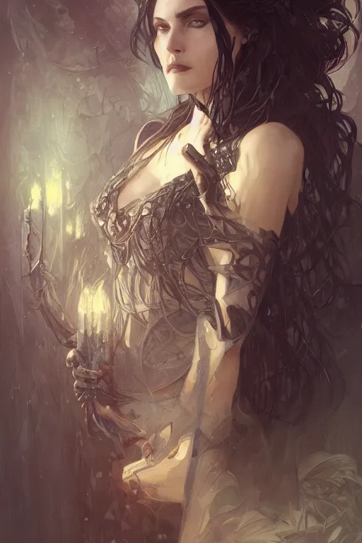 Image similar to a photograpic portrait of a pretty dark sorceress, fantasy, ominous, intricate, elegant, highly detailed, digital painting, artstation, concept art, smooth, sharp focus, illustration, art by artgerm and greg rutkowski and alphonse mucha