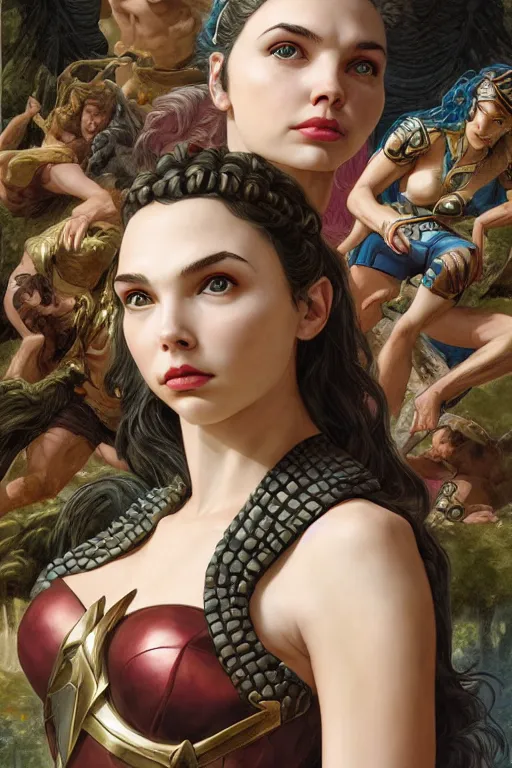 Image similar to A fantasy comic book style portrait painting of Gal Gadot, Anya Taylor-Joy, as an Atlantean Reptilian Warrior, François Boucher, Oil Painting, Mystical Valkyrie, unreal 5, DAZ, hyperrealistic, octane render, Regal, Refined, Detailed Digital Art, RPG portrait, William-Adolphe Bouguereau, Michael Cheval, Walt Disney (1937), Steampunk, dynamic lighting, Highly Detailed, Cinematic Lighting, Unreal Engine, 8k, HD