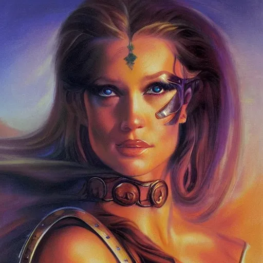 Image similar to portrait of a gorgeous valkyrie who looks like a young lauren holly by boris vallejo and julie bell, upper body, soft details, soft lighting, oil painting, HD, elegant, intricate, masterpiece