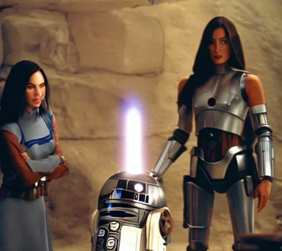 Prompt: Still of Megan Fox on the Jedi Council with R2-D2, being briefed on the clone wars, Star Wars Universe, Cinematic Lighting, beautiful composition, 8K resolution