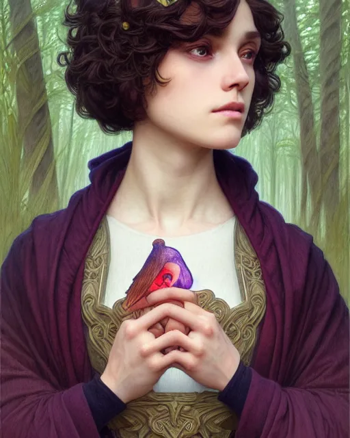 Image similar to symmetry portrait of welsh brunette princess disguised as a young man, tomboy, short hair, forest background, intricate, elegant, highly detailed, digital painting, artstation, concept art, smooth, sharp focus, illustration, art by artgerm and greg rutkowski and fra angelico and alphons mucha