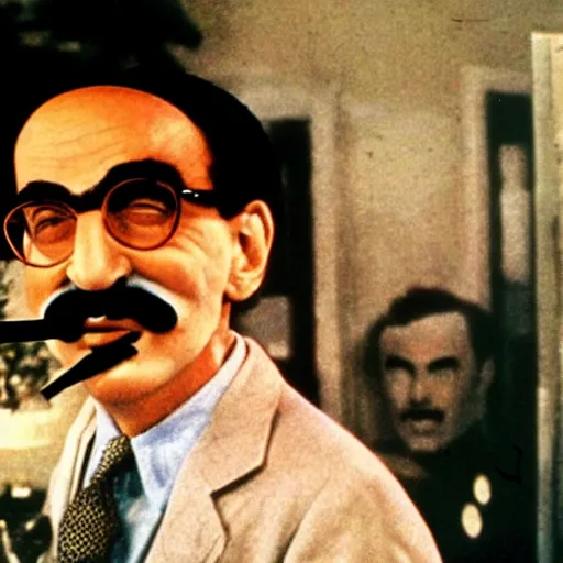 Prompt: a photo of a house burning down in the background and groucho marx with an eerie expression in the foreground, strong depth of field