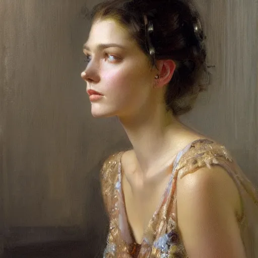 Prompt: a high fashion studio stunning backlit portrait of frowning english girl, painting by gaston bussiere, craig mullins, j. c. leyendecker