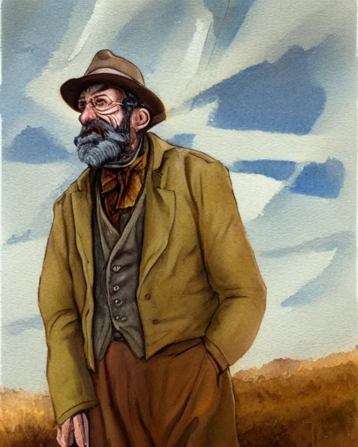 Image similar to a oil / watercolor painting full body character portrait of a railroad astronomer in the style of moebius in the style of leonard boyarsky trending on artstation deviantart pinterest detailed realistic hd 8 k high resolution