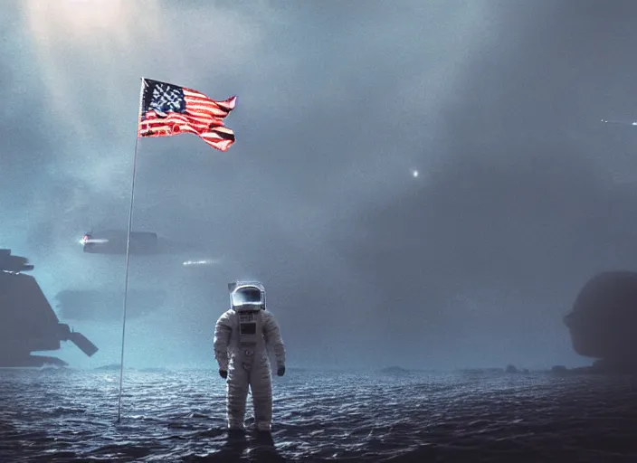 Image similar to astronaut holding a flag in an underwater desert. a submarine is visible in the distance. dark, concept art, cinematic, dramatic, atmospheric, 8 k, trending on artstation, blue, fish, low visibility, fog, ocean floor, christopher nolan, interstellar