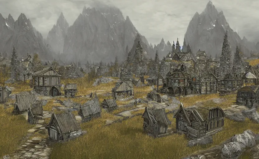 Prompt: whiterun in the style of vsevolod ivanov, hyperborea, concept art