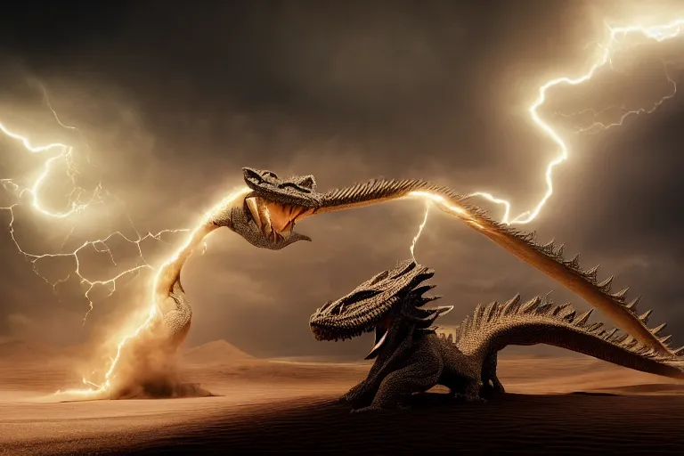 Image similar to sand dragon with lightnings and smoke is fighting against giant wind monster with cyclones, cgsociety, full length, exquisite detail, post - processing, masterpiece, volumetric lighting, cinematic, hypermaximalistic, polarizing filter,, sony a 7 r iv, cinematic, 8 k resolution, beautiful detailed, insanely intricate details, sharp edges, smooth focus, low angle,