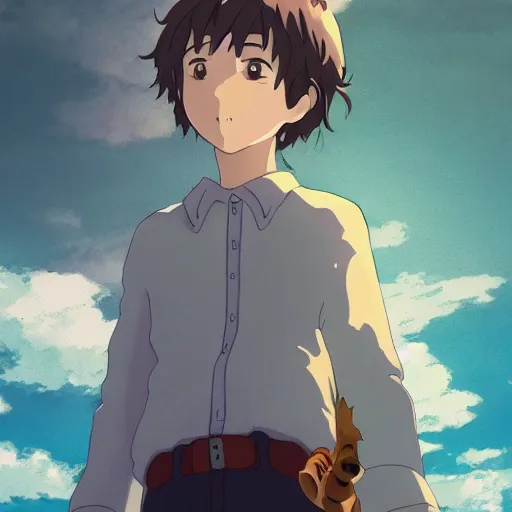 Prompt: friendly guy and small creature , with Fragile looking character portrait face made by Studio Ghibli highly detailed art, beautiful scene, sharp focus, smooth, 8k, anime art, wild, dark, fantasy, peaceful, sunshine, happy