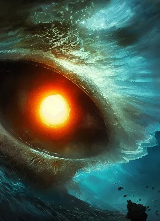 Prompt: magnificent eye emerging from the depths of the ocean, greg rutkowski, kim keever, ultra - detailed, atmospheric, color ink, beautiful, particles, cinematic lighting