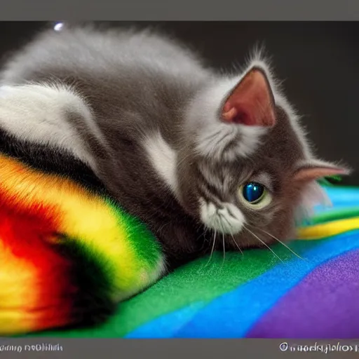 Image similar to retarded rainbow kitten! laying on it ‘ s back showing it ‘ s fluffy belly while looking at the camera!, photorealistic, anatomically correct, sharp focus, 4 k, beautiful,