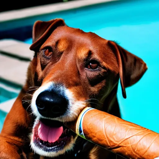 Image similar to a very detailed photo of a dog ( smoking a cigar ) outside the mansion by the pool