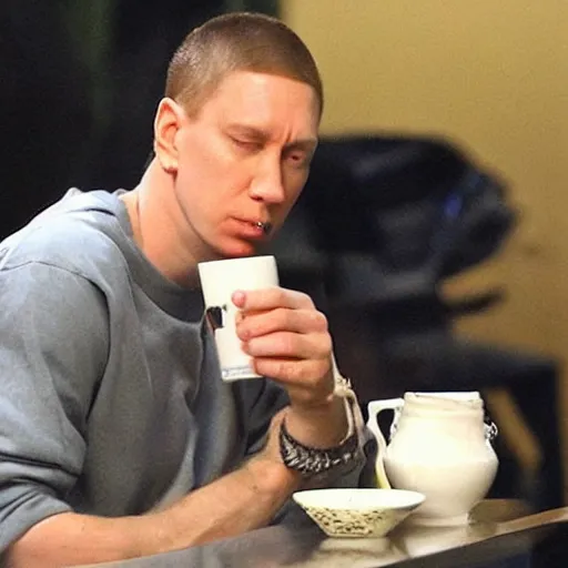 Image similar to eminem sipping coffee