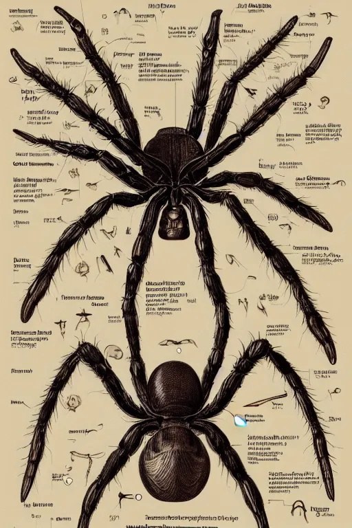 Image similar to anatomical encyclopedia illustration of a disturbing! alien spider, photorealistic, diagram