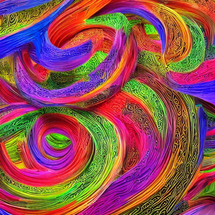 Prompt: calligraphy twisted forms, inside the colorful 3 d calligraphy realm, high definition image, extremely detailed and intricate