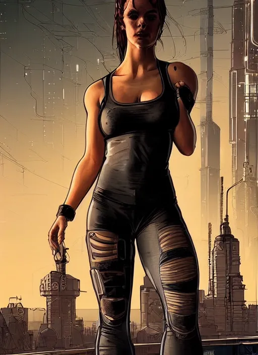 Image similar to Pretty Maria. Beautiful cyberpunk fitness babe. gorgeous face. Realistic Proportions. Concept art by James Gurney and Laurie Greasley. Moody Industrial skyline. ArtstationHQ. Creative character design for cyberpunk 2077.