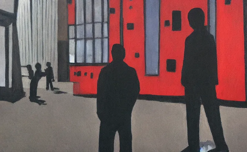 Prompt: detailed painting of a man standing alone in a city with his eyes open but everyone else is on the side staring at crt television screens everywhere.