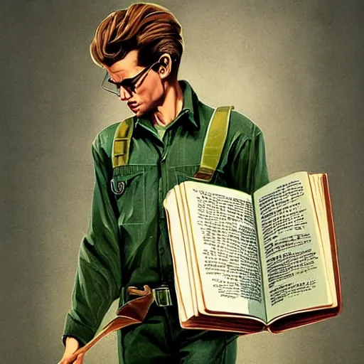 Image similar to a highly detailed epic cinematic concept art CG render digital painting artwork costume design: young James Dean as a well-kept neat mechanic in 1950s USSR green dungarees and big boots, reading a book. By Greg Rutkowski, Ilya Kuvshinov, WLOP, Stanley Artgerm Lau, Ruan Jia and Fenghua Zhong, trending on ArtStation, subtle muted cinematic colors, made in Maya, Blender and Photoshop, octane render, excellent composition, cinematic atmosphere, dynamic dramatic cinematic lighting, aesthetic, very inspirational, arthouse