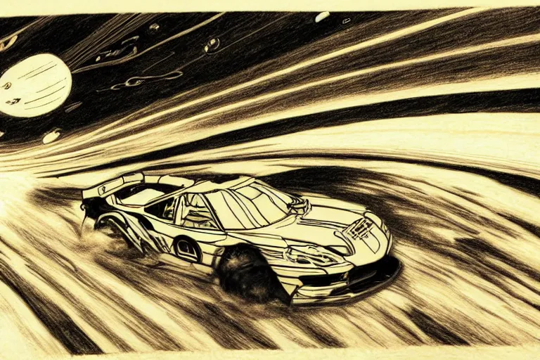 Image similar to anime drawing of a car race on the rings of saturn