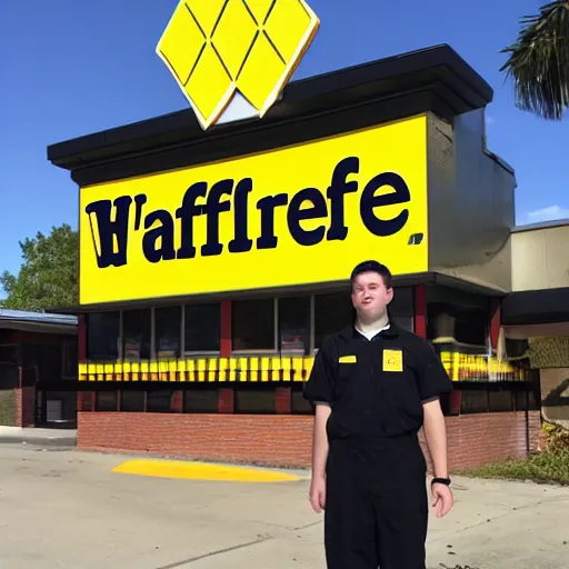 Image similar to wafflehouse employee's standing below wafflehouse sign, employees uniform is blue and black with yellow name tags