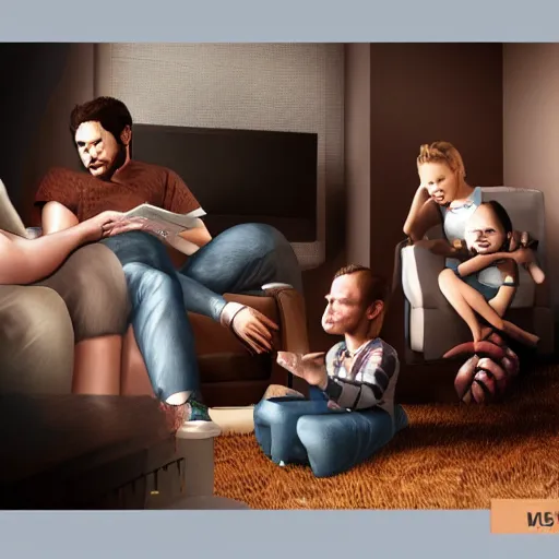 Image similar to actors mask family watching tv, britt marling style 3 / 4, 8 k, sharp focus, soft light, volumetric lighting, highly detailed realistic, refined, artstation