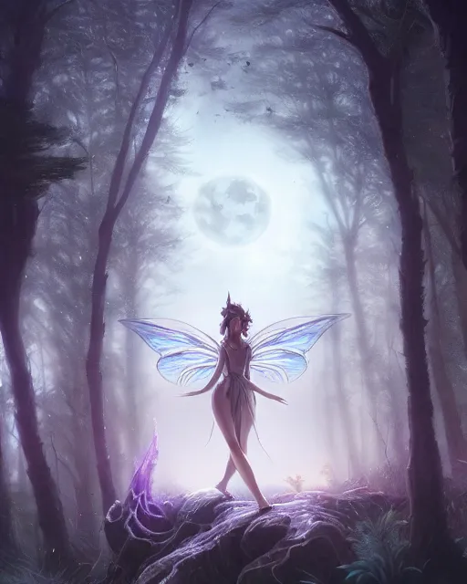 Image similar to attractive fairy goddness fly high in the night, d & d, fantasy, mist, full moon in background, trees, hyper detailed, art by artgerm and greg rutkowski and magali villeneuve, midium shot, 8 k realistic, cryengine, digital painting, trending on artstation, concept art, sharp focus, illustration,