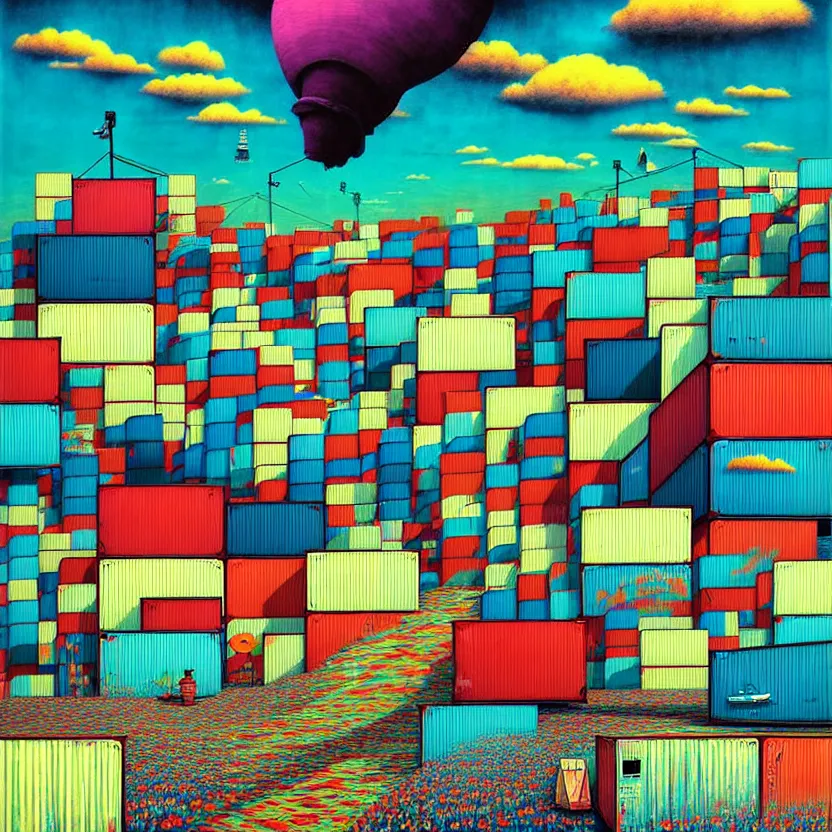 Image similar to surreal glimpse into other universe, a shipping container port, summer morning, very coherent and colorful high contrast, art by!!!! gediminas pranckevicius!!!!, geof darrow, floralpunk screen printing woodblock, dark shadows, hard lighting, stipple brush technique,