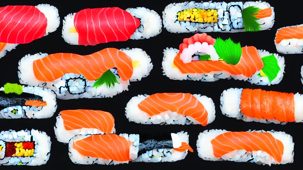 Image similar to an arrangement of sushi, a collage painting, in the style of wes anderson, lola dupre, david hockney, isolated on negative white space background dark monochrome neon spraypaint accents volumetric octane render