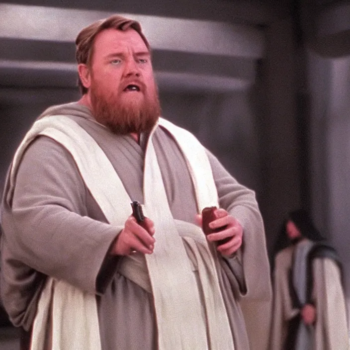 Image similar to obi wan kenobi but obese!! and overweight, photoralistic rendering, movie still, screenshot, hyperdetailed