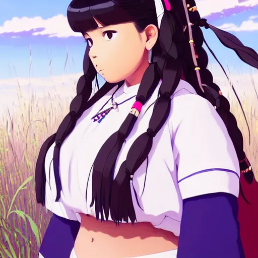 Image similar to a beautiful! plus sized native women instagram model, brown skin, wearing elegant catholic school girl designer fashion with mayan pattern and native style, aztec street fashion, gapmoe yandere grimdark, trending on pixiv fanbox, painted by greg rutkowski makoto shinkai takashi takeuchi studio ghibli, akihiko yoshida