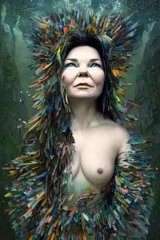 Image similar to beautiful bjork portrait by hubert robert and lee madgwick and roger dean and jacek yerka, dan mumford and alex grey style, soft lighting, 4 k hd wallpaper illustration concept joy atmospheric lighting