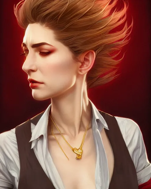 Image similar to female vampire, gold waistcoat, red shirt, grey hair, red necktie, cinematic, stunning, highly detailed, digital painting, artstation, smooth, hard focus, full body shot, illustration, art by artgerm and greg rutkowski and alphonse mucha