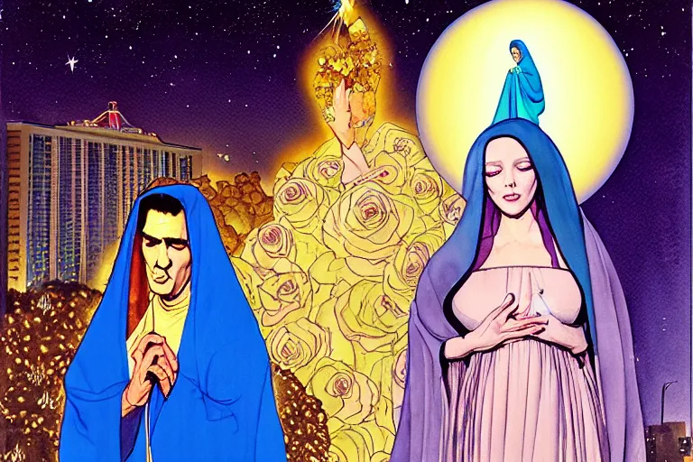 Image similar to a hyperrealist watercolour character concept art portrait of the virgin mary and elvis on well lit night in las vegas, nevada. there is a ufo. roses adorn. by rebecca guay, michael kaluta, charles vess and jean moebius giraud