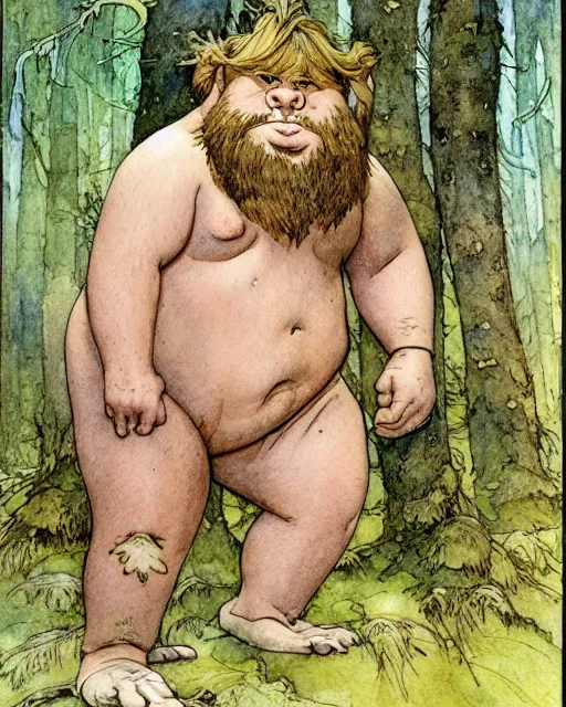 Prompt: a realistic and atmospheric watercolour fantasy character concept art portrait of a short fat bigfoot in the forest. by rebecca guay, michael kaluta, charles vess and jean moebius giraud