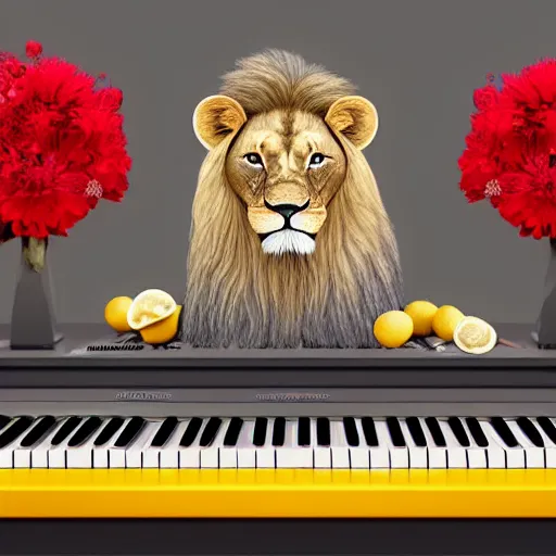 Image similar to a realistic looking lion wearing glases and holding a piano keyboard, surrounded by lemons and a red flower, dark grey background, studio lights, unreal engine render,