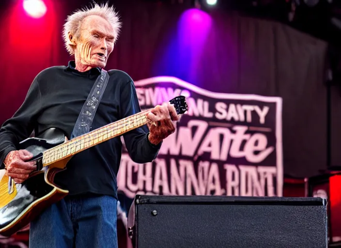 Image similar to photo still of clint eastwood on stage at vans warped tour!!!!!!!! at age 6 8 years old 6 8 years of age!!!!!!!! playing a piano on fire, 8 k, 8 5 mm f 1. 8, studio lighting, rim light, right side key light