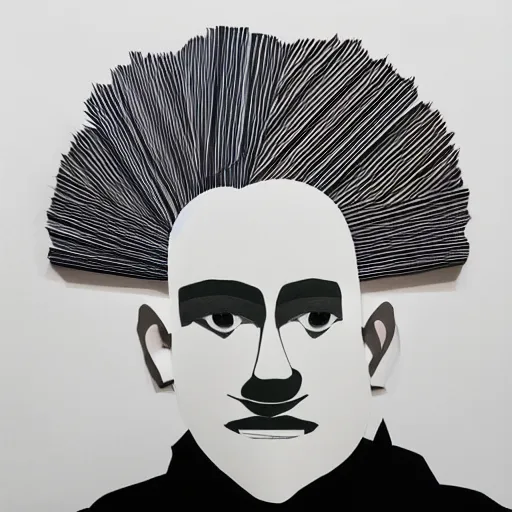 Image similar to a 2 d flat layered paper portrait of a man with wavey short hair, made from paper, friedly smile, raised eyebrows, ambient light, shadow art