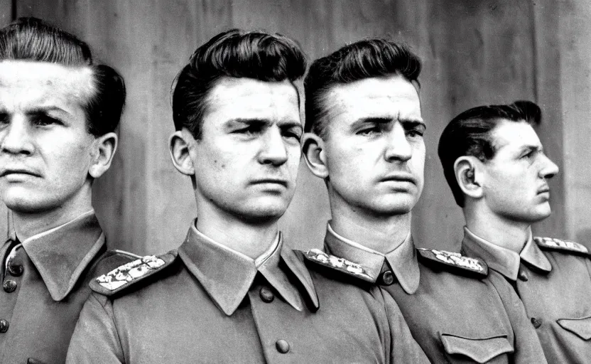 Image similar to 50s movie still close-up portrait of three soviet officers with very detailed faces in a stalinist style hall, by Angust Sander, Cinestill 800t 35mm black and white, heavy grainy picture, very detailed, high quality, 4k, HD criterion, precise texture, diverse faces, diverse haircuts, diverse ages, each faces precisely define