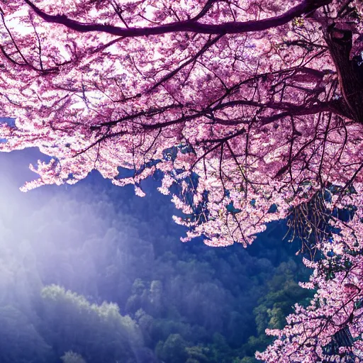 Image similar to a majestic cinematic realistic photoshoot of a beautiful forest with waterfalls, beautiful blue sky's, and birds, with a giant cherry blossom tree in the center, 4 k, coherent, incredibly detailed