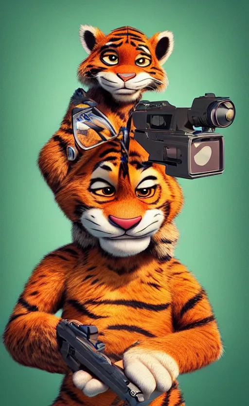 Image similar to “portrait of tiger in the style of the movie zootopia holding a laser gun, with a dark background behind him”