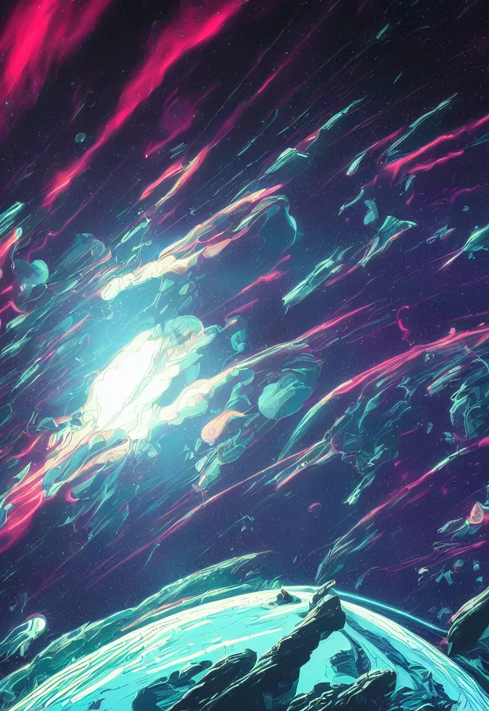 Prompt: a cosmic storm in space by dan mumford and makoto shinkai and moebius, 8k, cel-shaded, comic book panel, volumetric lighting, unreal engine, vibrant colors