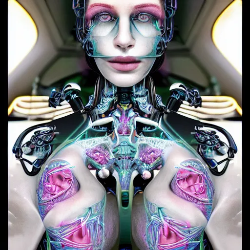 Image similar to an extremely beautiful biomechanical female robot with large emoji tattoos, twins, neon jacuzzi, oppai cyberpunk, chimeric organism, holodeck, pale skin, organic polycarbon, full frontal portrait, highly detailed, transhumanist hydration, symmetrical, mystical, goddess, mechanical, mendelbrot fractal, ray tracing, hyperdetailed, hyperrealistic, zdislaw beksinski, trending on artstation, octane render, hdr, uhd 4k