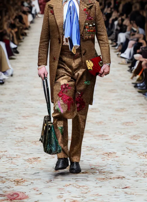 Image similar to hyperrealistic and heavy detailed gucci runway show of albert einstein, leica sl 2 5 0 mm, vivid color, high quality, high textured, real life