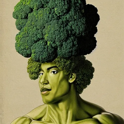 Image similar to a bodybuilder with a broccoli head in Rococo art