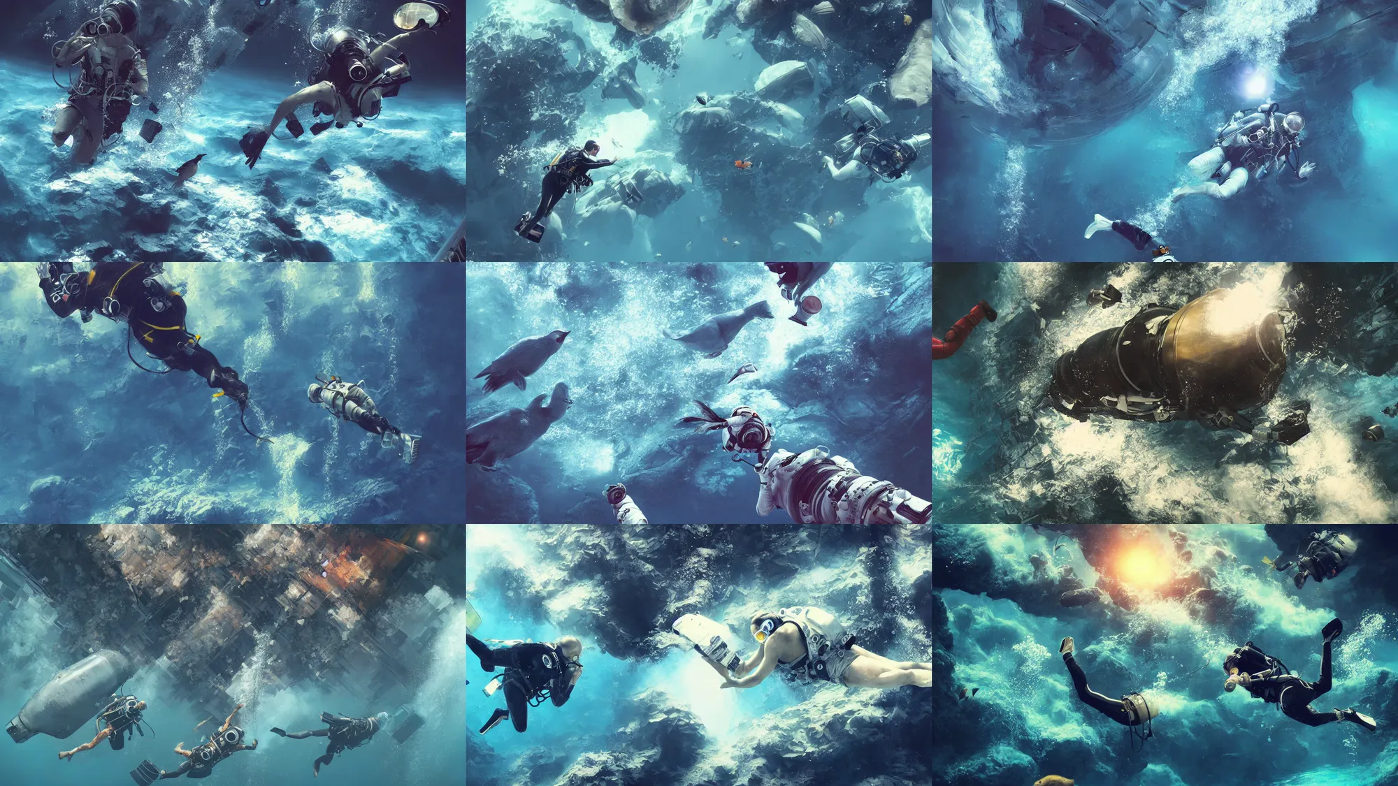 Image similar to astronaut diving underwater, deep sea, waterfall, birds, cinematic, hyper-realistic, high resolution, concept art, artstation