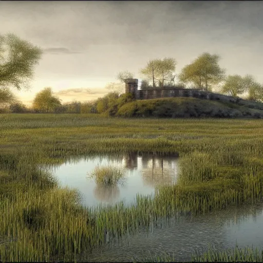 Prompt: fortress in a willow grove marsh, realistic, 8k photo, Alan Lee, Bob Ross