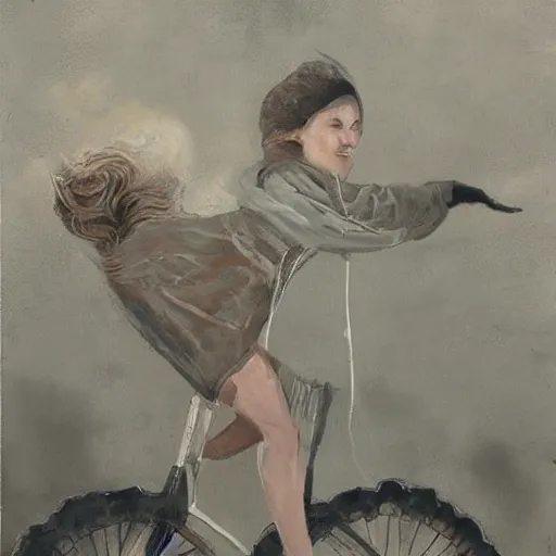 Image similar to head and shoulders masterpiece portrait of cute cat riding a bicycle, surreal background, digital art by Krenz Cushart, trending on artstation, cgsociety,