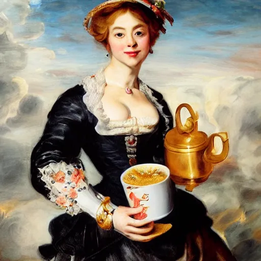 Prompt: heavenly summer sharp land sphere scallop well dressed lady holding a starbucks coffee cup, auslese, by peter paul rubens and eugene delacroix and karol bak, hyperrealism, digital illustration, fauvist,