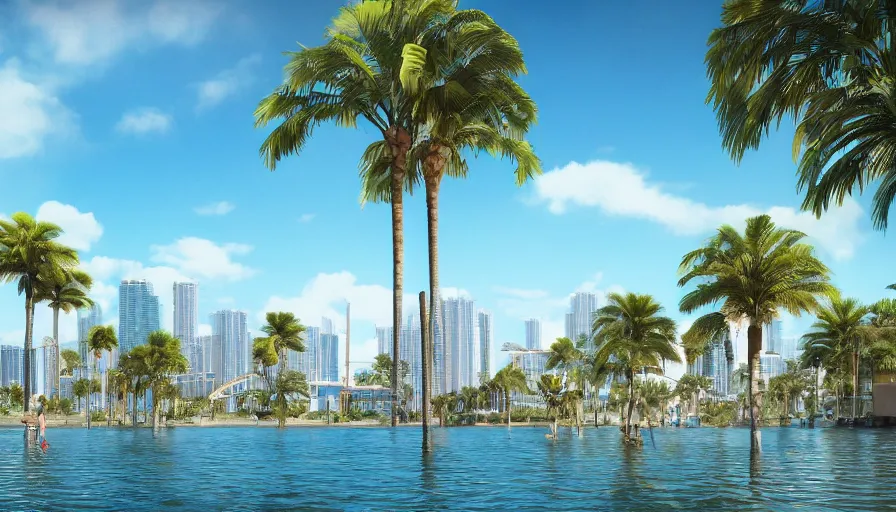 Image similar to concept city art of an artificial lake surrounded by palm trees and small blues domes in miami, sunny day, hyperdetailed, artstation, cgsociety, 8 k